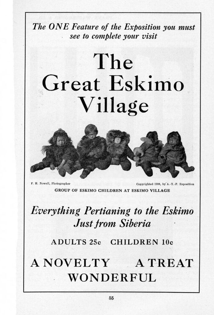 Guide til en udstilling, hvor 'eksotiske' mennesker er attraktionen. Seattle, 1909